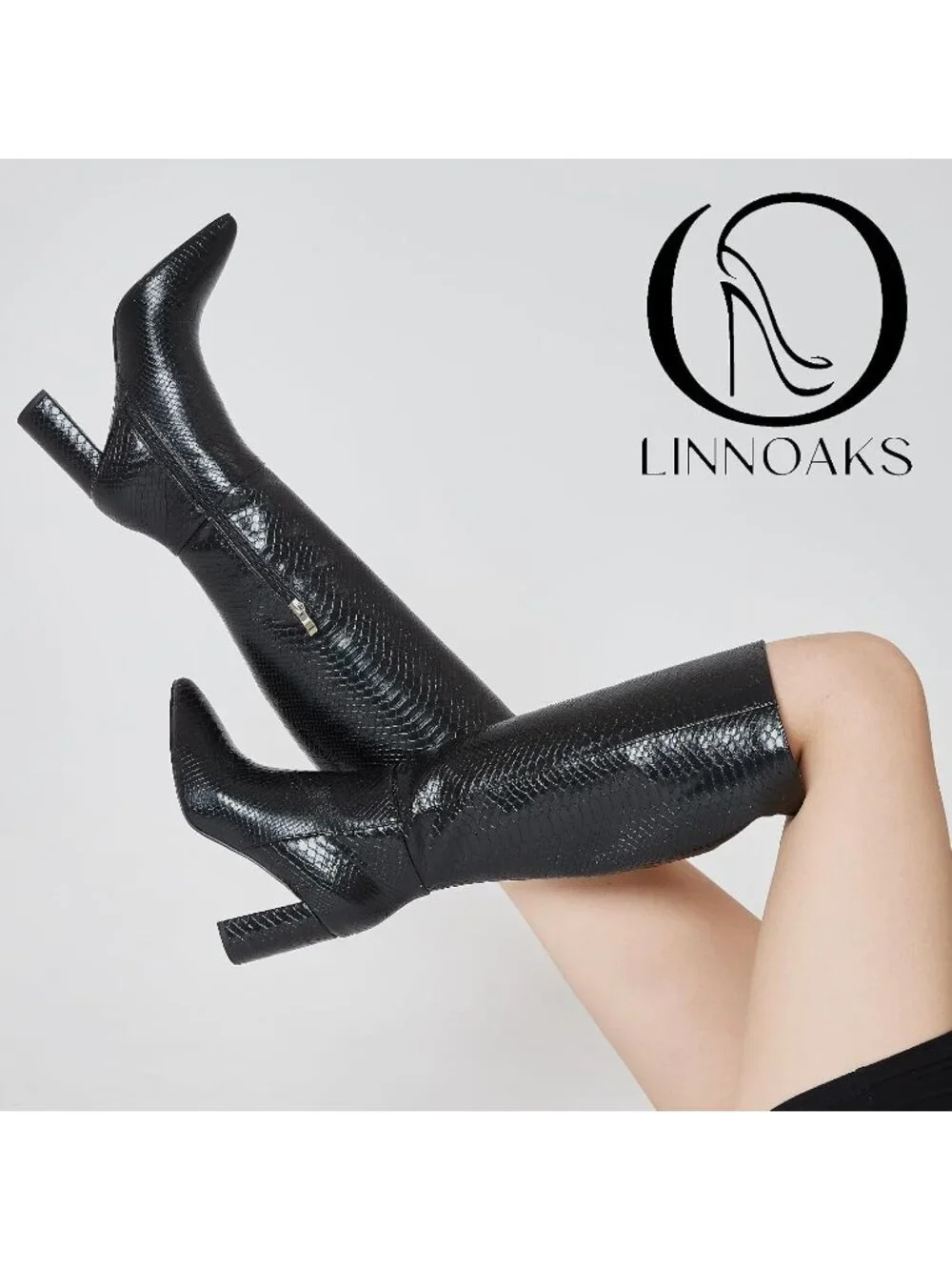 Women's Black Chunky Heel Pointed Toe Wide Calf Side Zipper Knee High Boots
